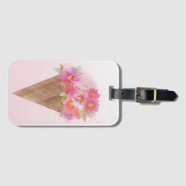 Vattenfärgad Blommigt Ice Cream Cone med Namn Bagagebricka (Framsida horisontal)