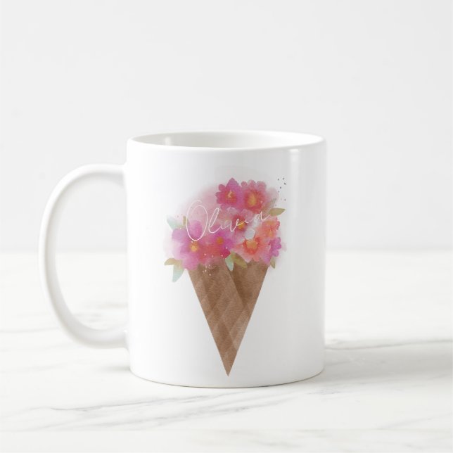 Vattenfärgad Blommigt Ice Cream Cone med Namn Kaffemugg (Vänster)