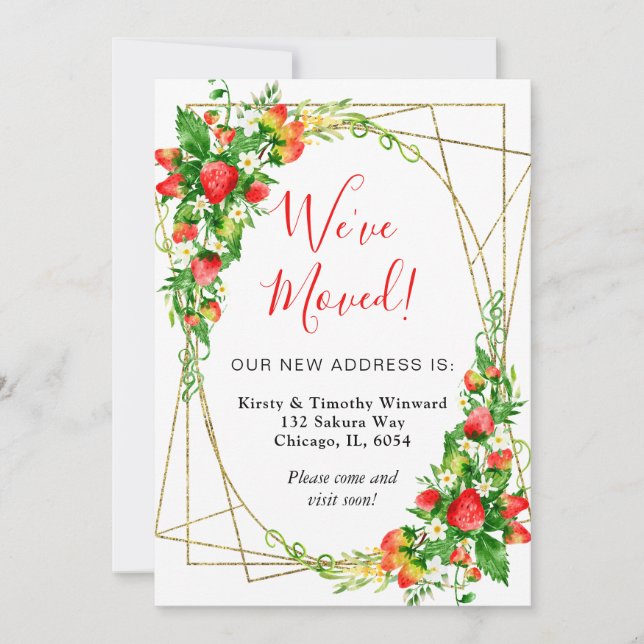 Vattenfärgad Blommigt Jordgubbar Ram Vi har flytta Meddelande (Framsida)