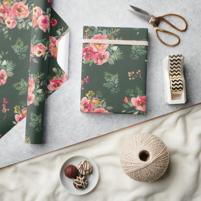 Vattenfärgad Blommigt | Jul i botaniska Grönten Presentpapper (Hantverk)