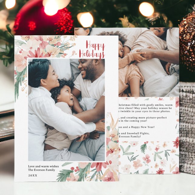 Vattenfärgad Blommigt Juli Helgdag Photo Collage Julkort (Watercolor Floral Christmas Holiday Photo Collage)