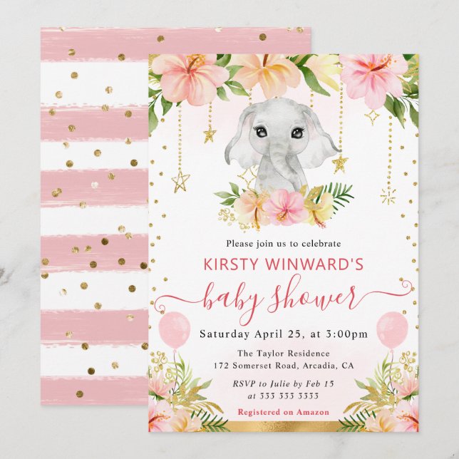 Vattenfärgad Blommigt Jungle Elephant Baby Shower Inbjudningar (Fram/baksida)