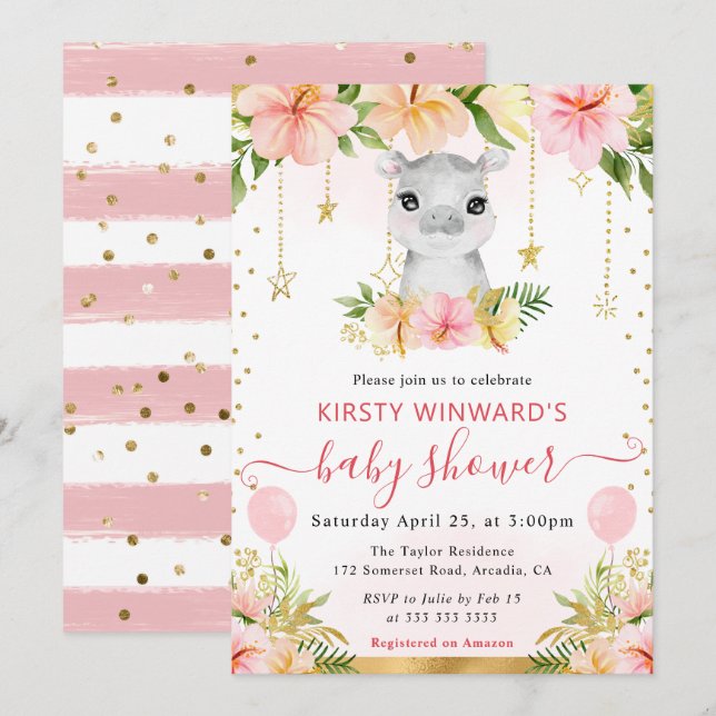 Vattenfärgad Blommigt, jungle Hippo Baby Shower Inbjudningar (Fram/baksida)