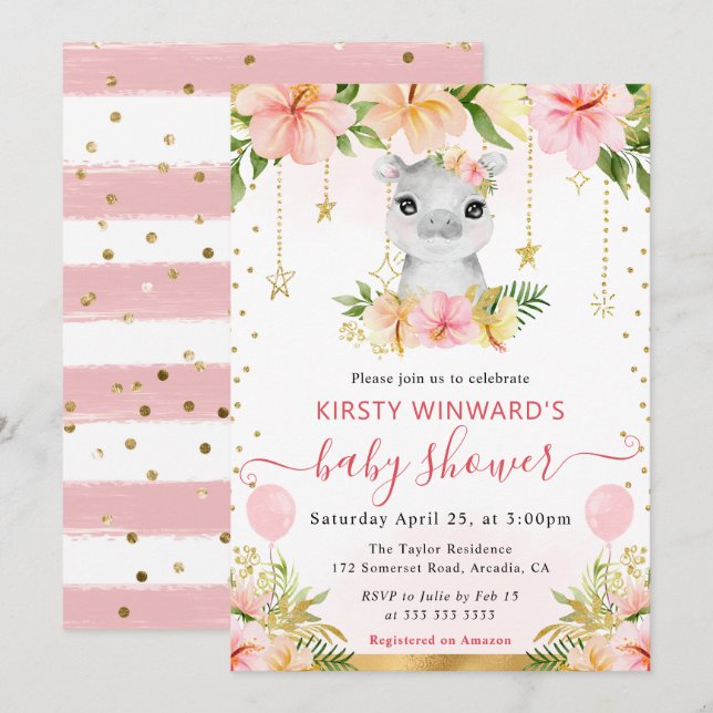 Vattenfärgad Blommigt, jungle Hippo Baby Shower Inbjudningar (Fram/baksida)