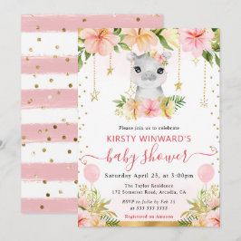 Vattenfärgad Blommigt, jungle Hippo Baby Shower Inbjudningar