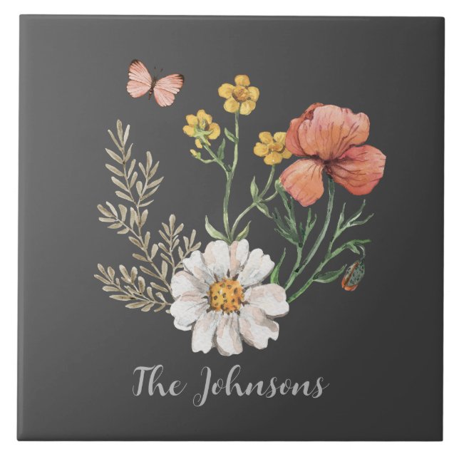 Vattenfärgad Blommigt Kakelplatta (Framsidan)