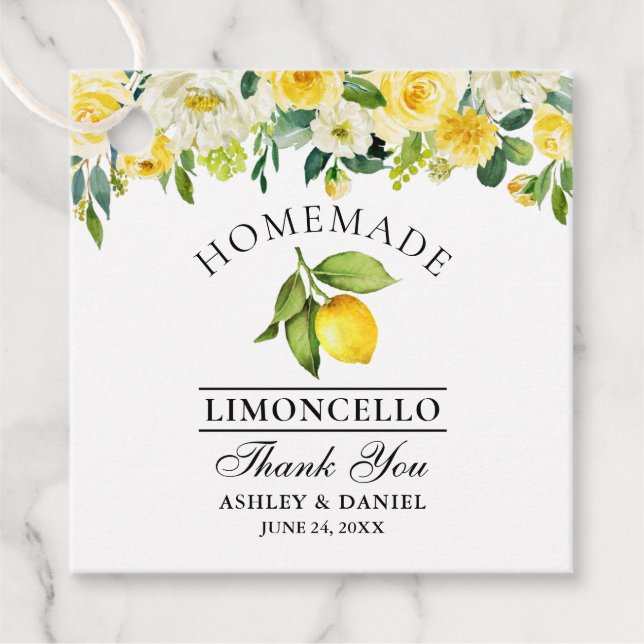Vattenfärgad Blommigt Lemon Limoncello Square Gåvor Etiketter (Framsida)