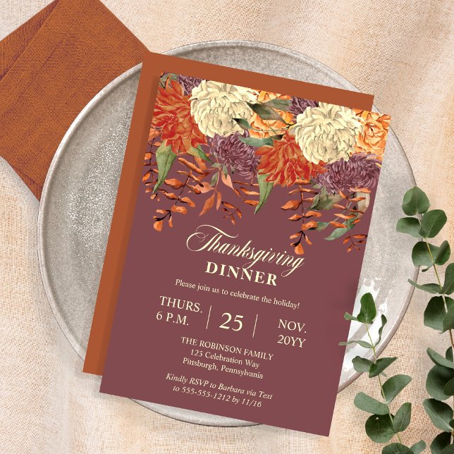 Vattenfärgad Blommigt | Middag i Eucalyptus-Thanks Inbjudningar (Watercolor Floral Eucalyptus Dusky Mauve Thanksgiving Dinner Invitation with Terracotta Back)