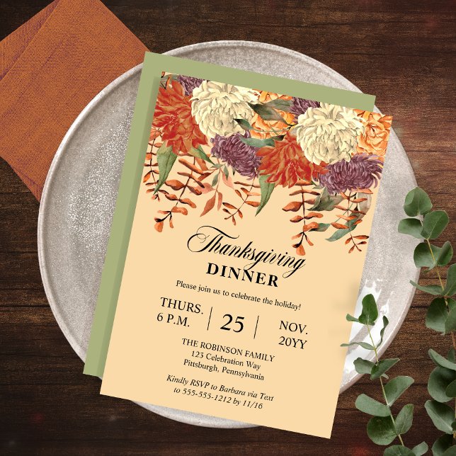 Vattenfärgad Blommigt | Middag i Eucalyptus-Thanks Inbjudningar (Watercolor Floral Eucalyptus Thanksgiving Dinner Invitation with  Light Sage Green Back)