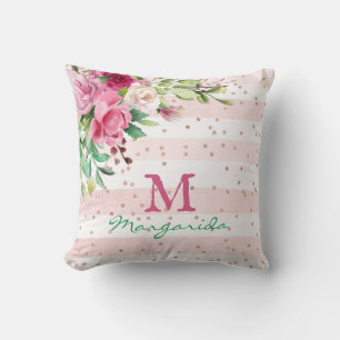 Vattenfärgad Blommigt Monogram med Namn Girl Kudde