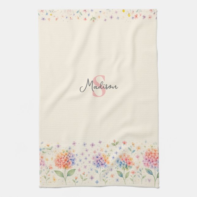 Vattenfärgad Blommigt Monogram - Pastellfärgade Bl Kökshandduk (Vertikal)