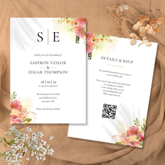Vattenfärgad Blommigt Monogram QR-kod Bröllop Inbjudningar (Watercolor Floral Monogram QR Code Wedding Invitation)