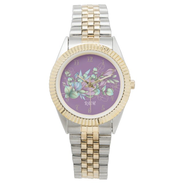 Vattenfärgad Blommigt Monogrammed bevakning Armbandsur (Framsida)