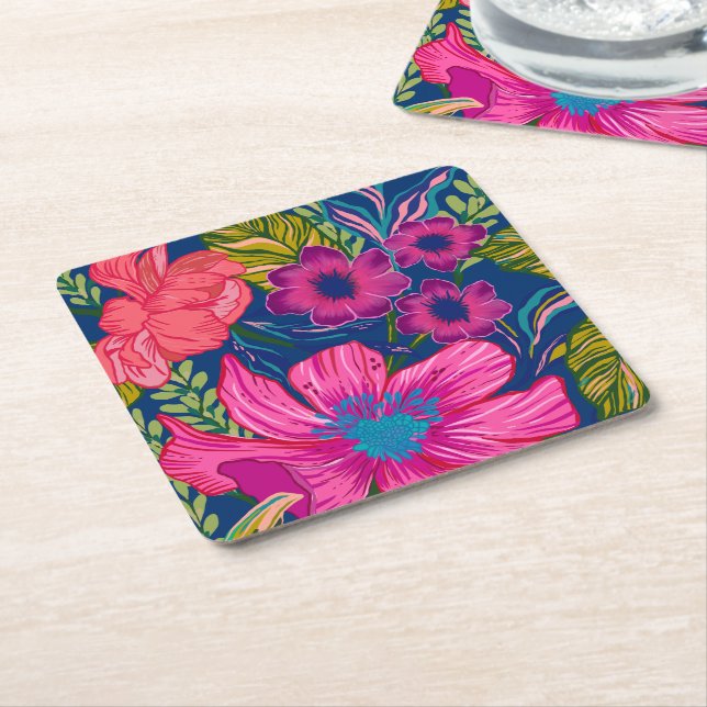 Vattenfärgad blommigt och botanisk rosa möhippa underlägg papper kvadrat (Vinklad)