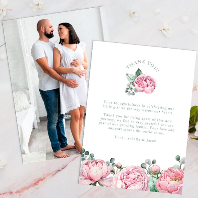 Vattenfärgad Blommigt och Eucalyptus Greenery Phot Tack Kort (Photo Thank You Card)