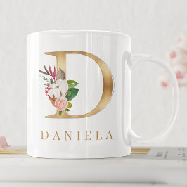 Vattenfärgad Blommigt och Guld Brev D Monogram Kaffemugg
