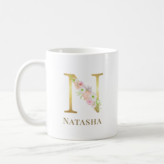 Vattenfärgad Blommigt och Guld Brev E Monogram Kaffemugg (Vänster)