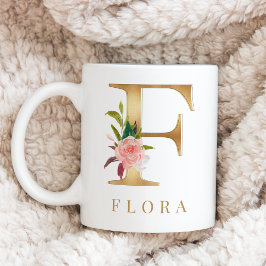 Vattenfärgad Blommigt och Guld Brev F Monogram Kaffemugg