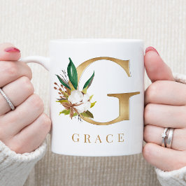 Vattenfärgad Blommigt och Guld Brev G Monogram Kaffemugg
