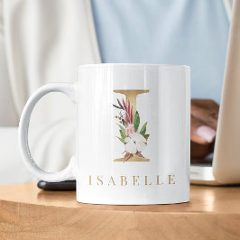 Vattenfärgad Blommigt och Guld Brev I Monogram Kaffemugg