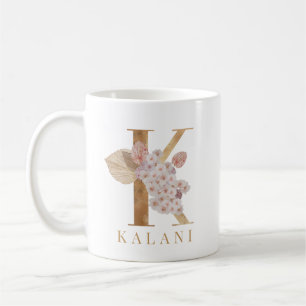 Vattenfärgad Blommigt och Guld Brev K Inledande Kaffemugg