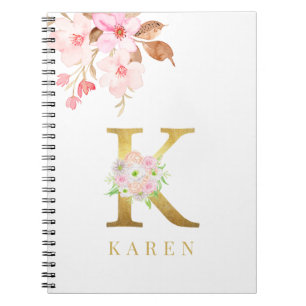 Vattenfärgad Blommigt och Guld Brev k Monogram Anteckningsbok