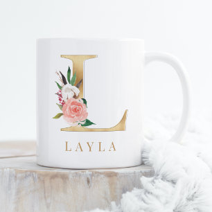 Vattenfärgad Blommigt och Guld Brev L Monogram Kaffemugg