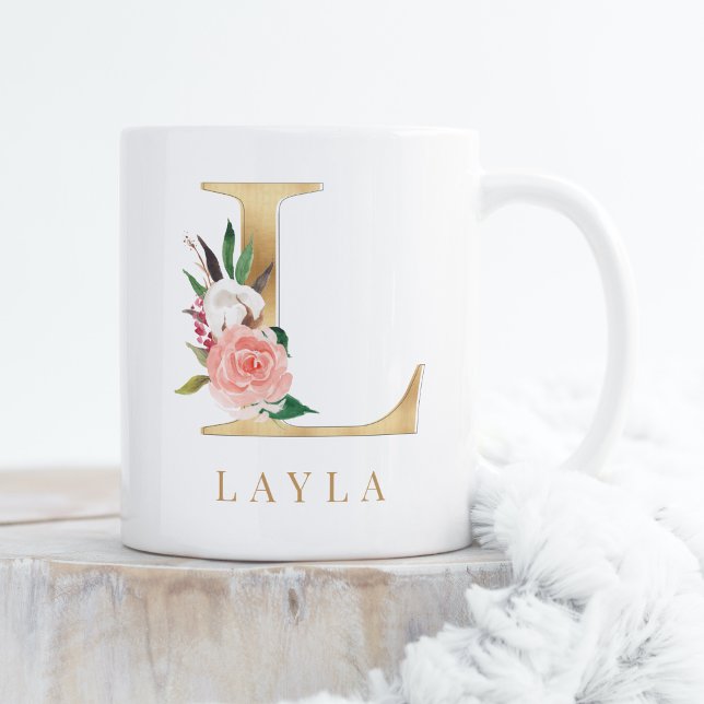 Vattenfärgad Blommigt och Guld Brev L Monogram Kaffemugg (Skapare uppladdad)