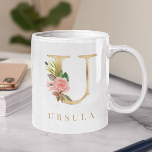 Vattenfärgad Blommigt och Guld Brev U Monogram Kaffemugg