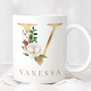 Vattenfärgad Blommigt och Guld Brev V Monogram Kaffemugg
