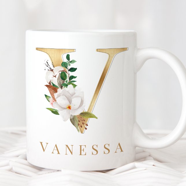 Vattenfärgad Blommigt och Guld Brev V Monogram Kaffemugg (Skapare uppladdad)