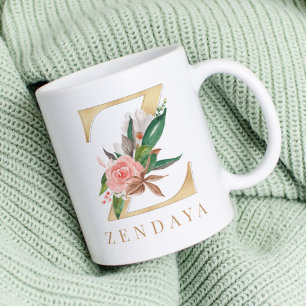 Vattenfärgad Blommigt och Guld Brev Z Monogram Kaffemugg