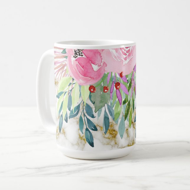 Vattenfärgad Blommigt och gyllene marmor Kaffemugg (Framsida vänster)