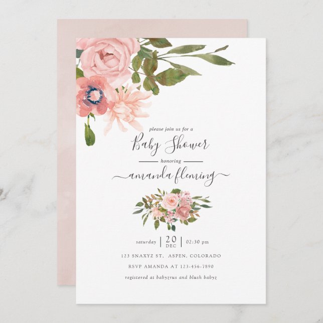 Vattenfärgad blommigt  och Ro Guld Baby Shower Inbjudningar (Fram/baksida)