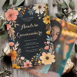 Vattenfärgad Blommigt på Mörk Quinceañera ANPASSNI Inbjudningar