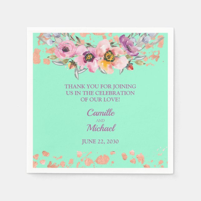 Vattenfärgad Blommigt på Neo Mint med Ro Guld Pappersservett (Framsidan)