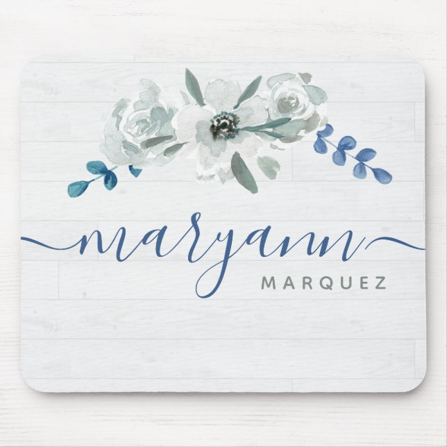 Vattenfärgad blommigt på vitt trä Personlig namn Musmatta (Framsidan)