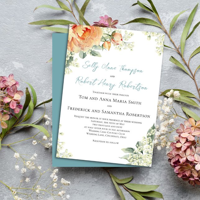 Vattenfärgad Blommigt Peach Elegant bröllop Blue Inbjudningar (Wedding beautiful peach floral invitations. )