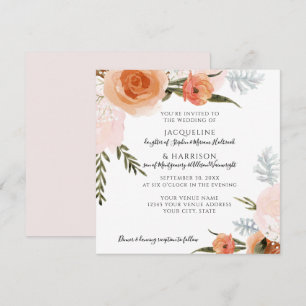 Vattenfärgad Blommigt Peach Grått Foliage Bröllop Inbjudningar