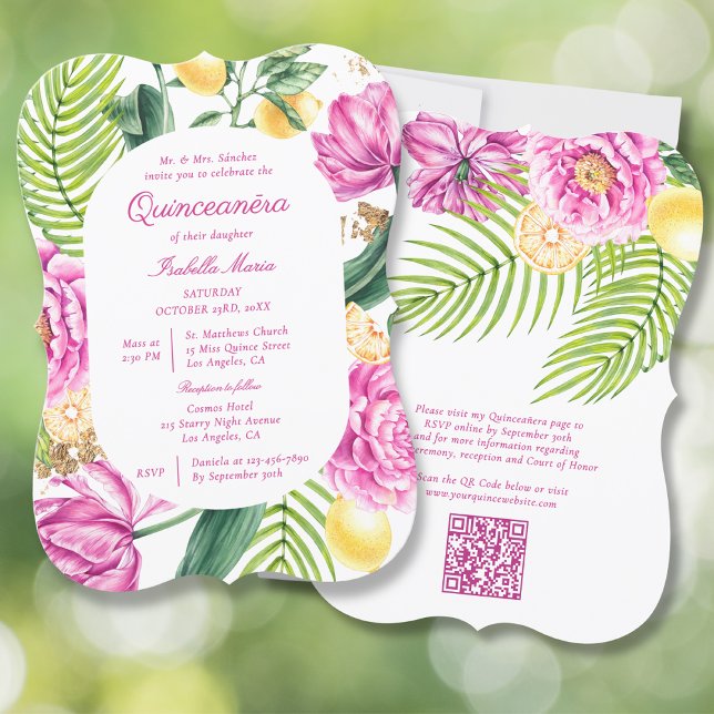 Vattenfärgad Blommigt Peonies QR-kod Quinceañera Inbjudningar (Skapare uppladdad)