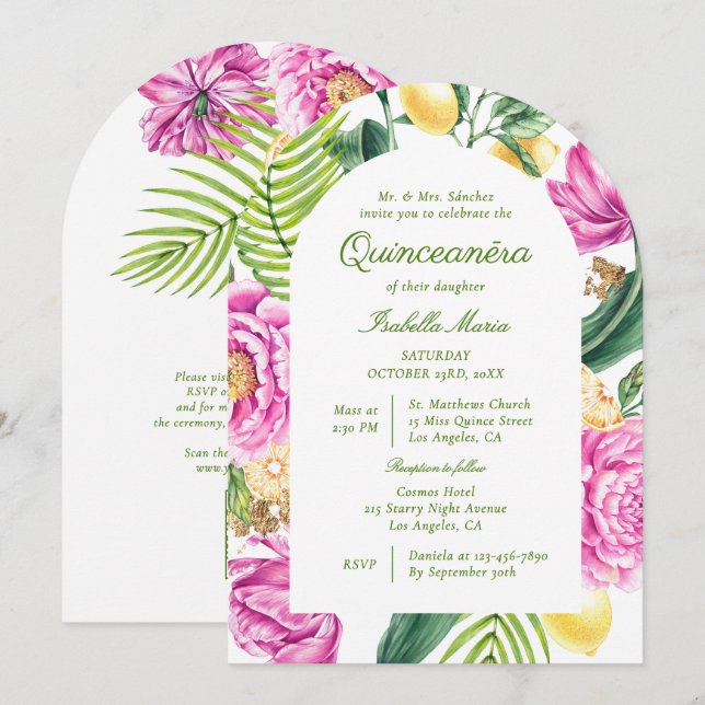 Vattenfärgad Blommigt Peonies QR-kod Quinceañera Inbjudningar (Fram/baksida)