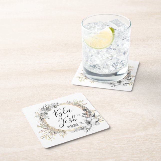 Vattenfärgad Blommigt Personlig Bröllop Underlägg Papper Kvadrat (Insitu)