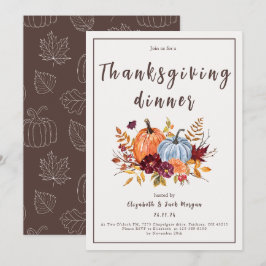 Vattenfärgad Blommigt Pumpkin Thanksgiving Middag Inbjudningar