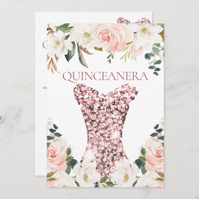 Vattenfärgad  Blommigt Quinceanera 15:e födelsedag Inbjudningar (Fram/baksida)