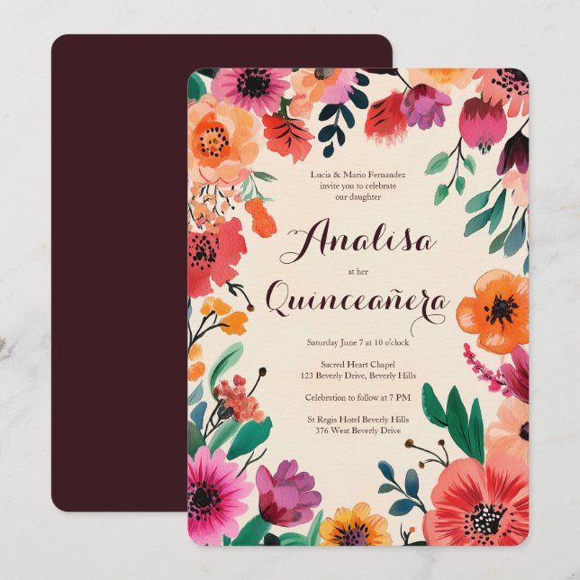 Vattenfärgad Blommigt Quinceañera-ANPASSNINGSBAR Inbjudningar (Fram/baksida)