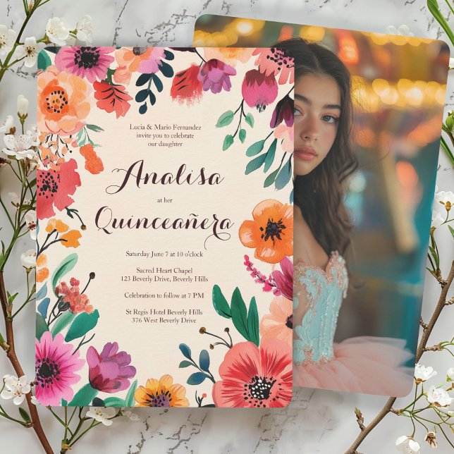 Vattenfärgad Blommigt Quinceañera ANPASSNINGSBAR P Inbjudningar (Watercolor Floral Quinceañera CUSTOM Photo Invitation
)
