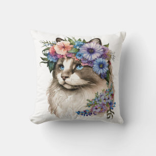 Vattenfärgad Blommigt Ragdoll Cat Kudde