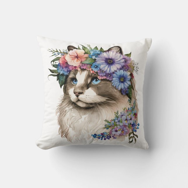 Vattenfärgad Blommigt Ragdoll Cat Kudde (Framsida)