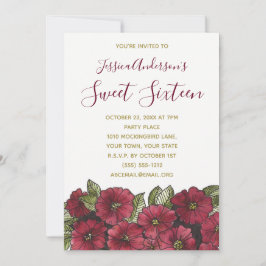 Vattenfärgad Blommigt Red Guld Sweet 16 Birthday Inbjudningar