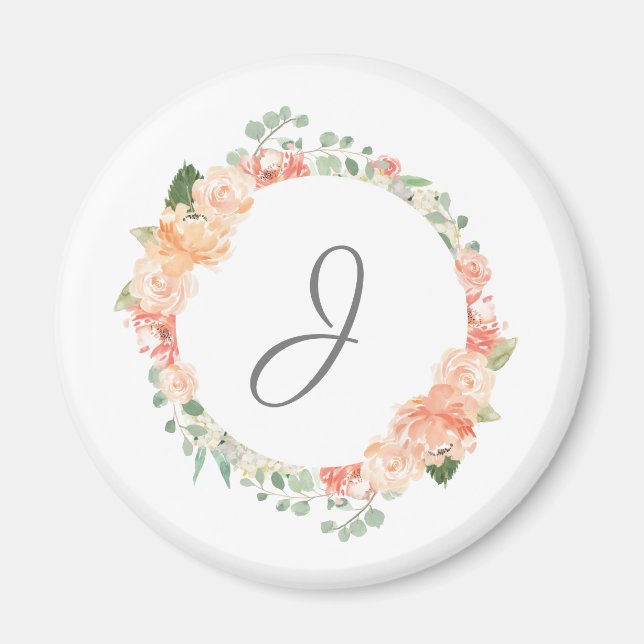 Vattenfärgad Blommigt Ring med valfritt monogram Magnet (Framsidan)